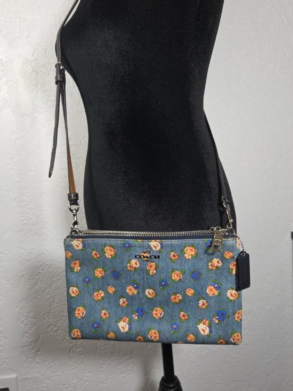 Coach Layla Shoulder Bag in Denim with Floral Print and Leather M1681-F57549